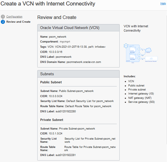 Create a VCN with Internet Connectivit page, Review and Create