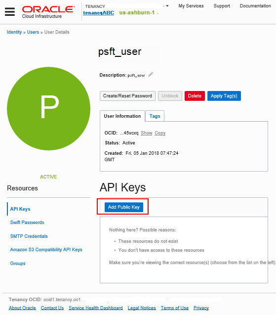 User details page with Add Public Key button