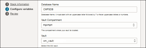 Create stack, Configure variables page with Database Name and Vault Compartment