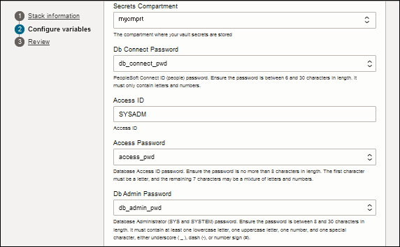 Create stack, Configure variables page, first set of values