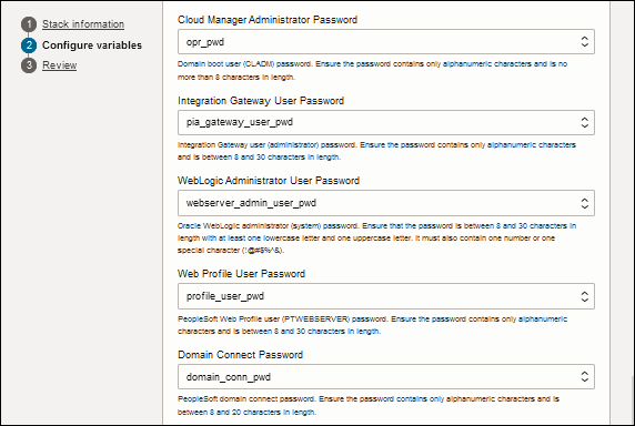 Create stack, Configure variables page, second set of passwords