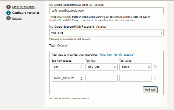 Create Stack page with My Oracle Support credentials and tagging