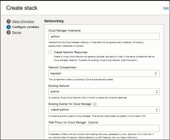 Configure Variables page, Networking section