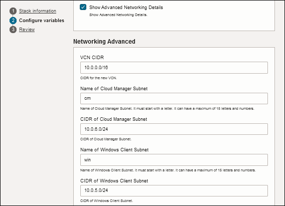 Configure Variables page, Show Advanced Networking Details, part one