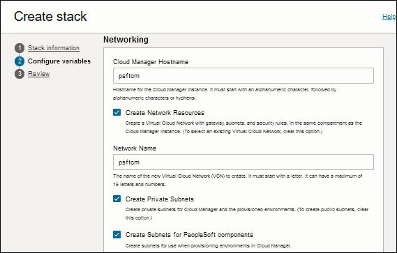 Configure Variables page, Networking section