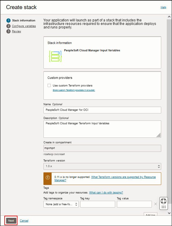 Create Stack, Stack Information page