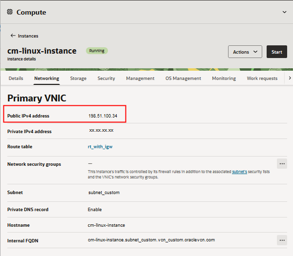 Instance details page, Networking tab