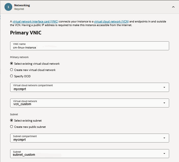 Create Compute Instance page, Networking section