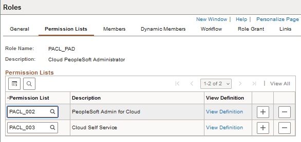 Roles page, Permission Lists tab for PACL_PAD