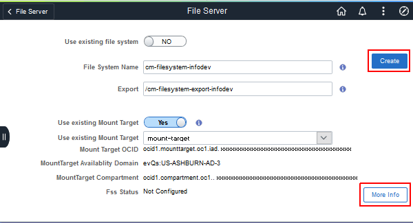 File Server page, set up a file system with an existing mount target