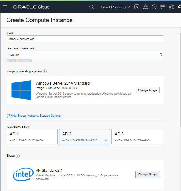 Create Compute Instance page with updated image and shape
