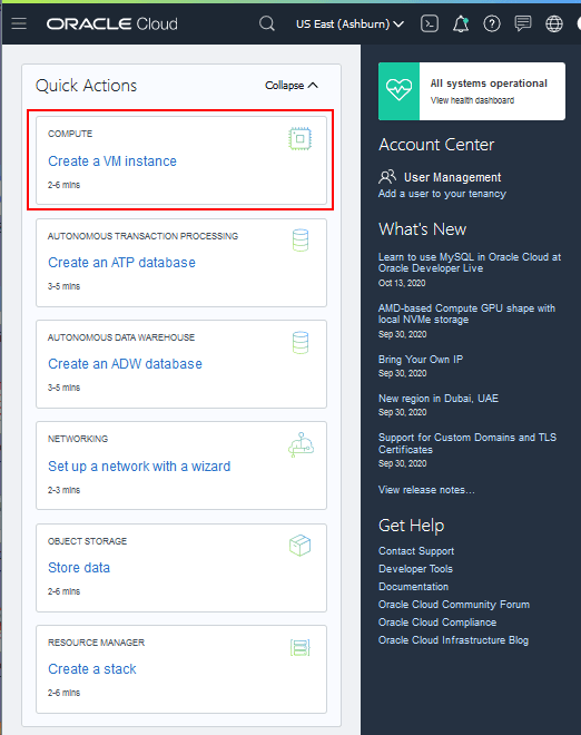 Oracle Cloud Infrastructure console Quick Launch page