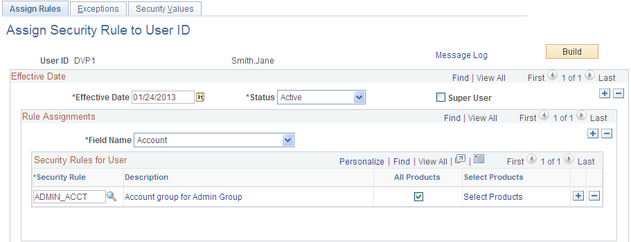 Assign Security Rule to User ID page