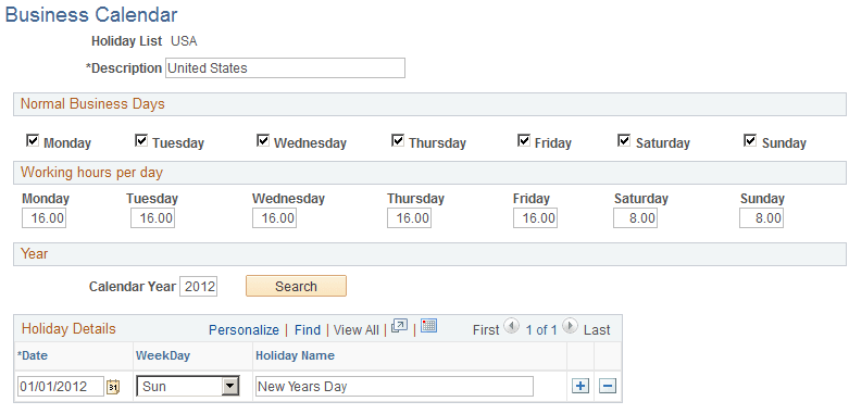 Business Calendar page