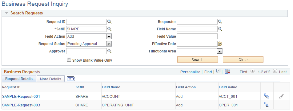 Business Request Inquiry page