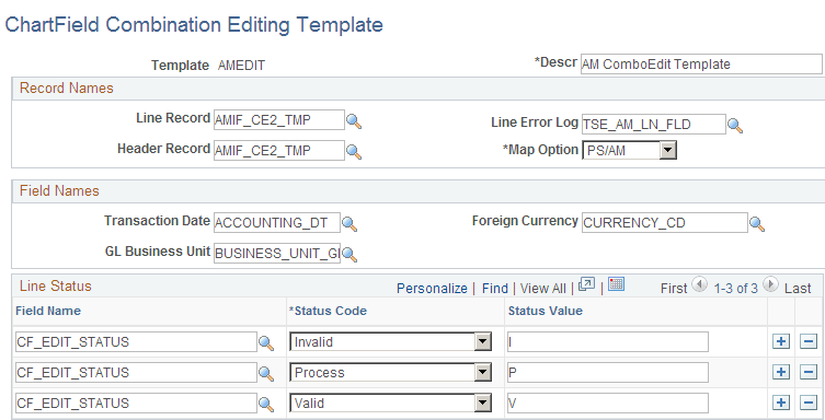ChartField Combination Editing Template page