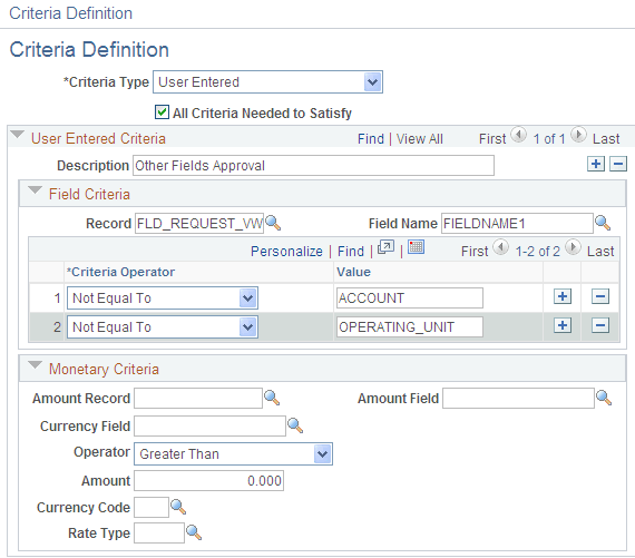 Criteria Definition - Other Fields Approval page