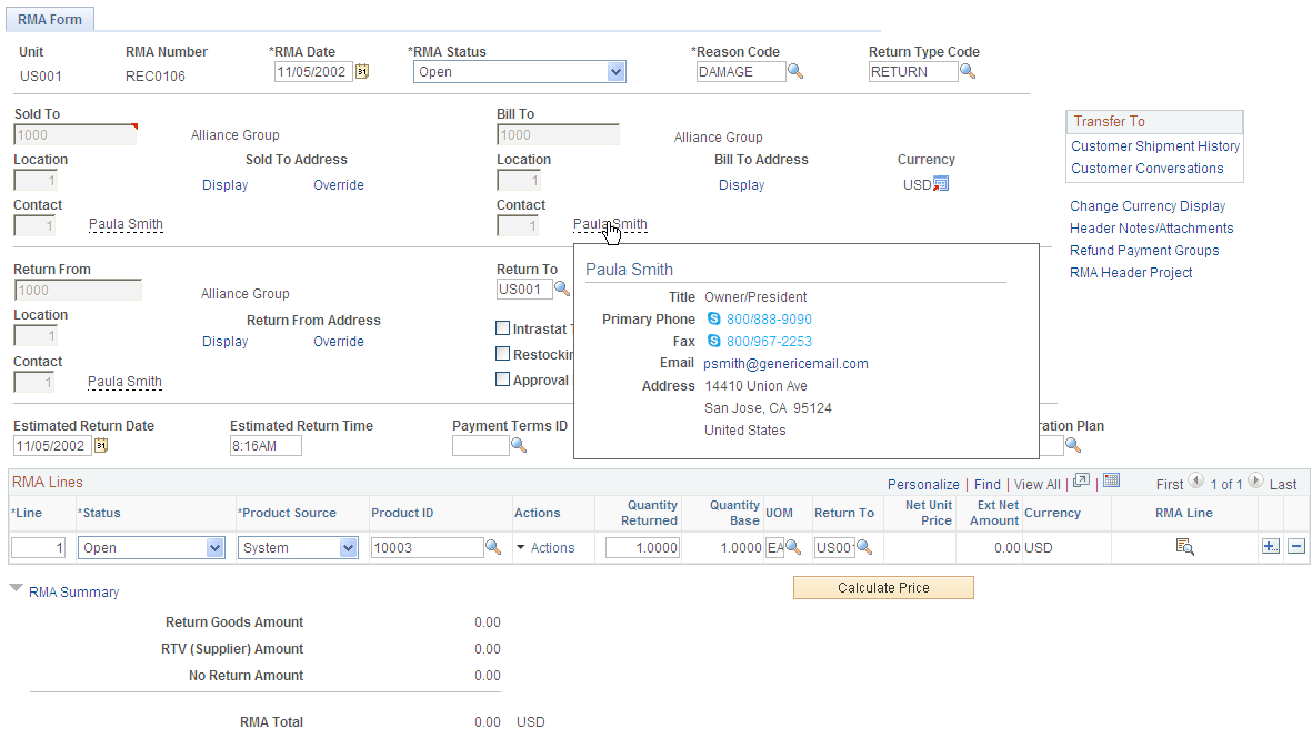 Example of Bill To Customer Contact popup page
