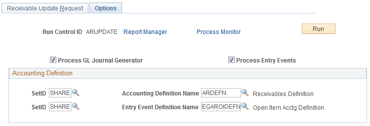 Example of Options page for running the Entry Event process as part of Receivables Update