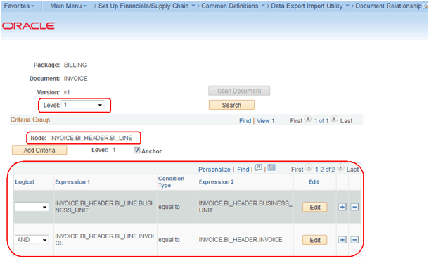 Example of a Parent-Child Relationship on the Document Relationship page