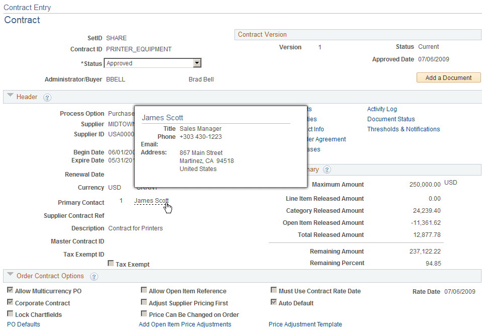 Example of primary contact popup page