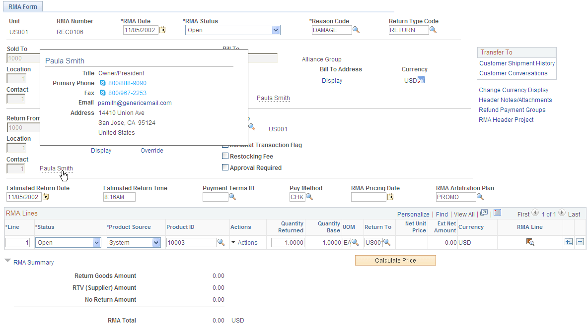 Example of Ship To Customer Contact popup page