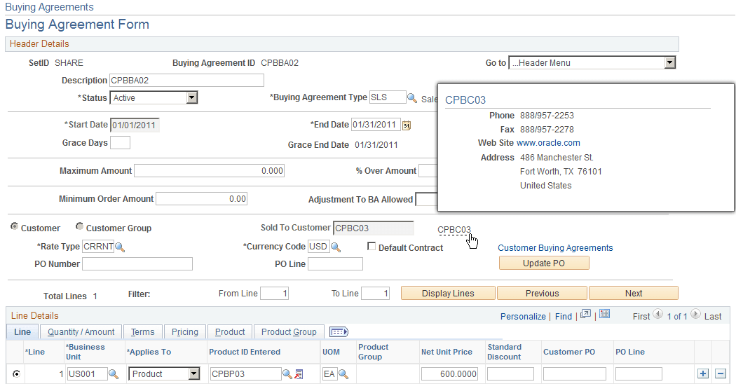 Example of Sold To Customer popup page