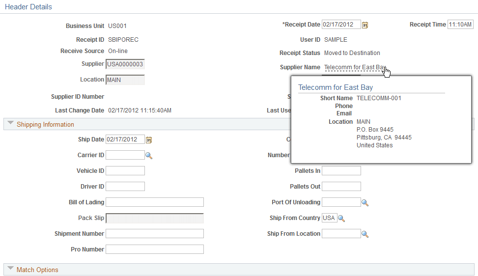Example of supplier name popup (Maintain Receipts)(type 3)