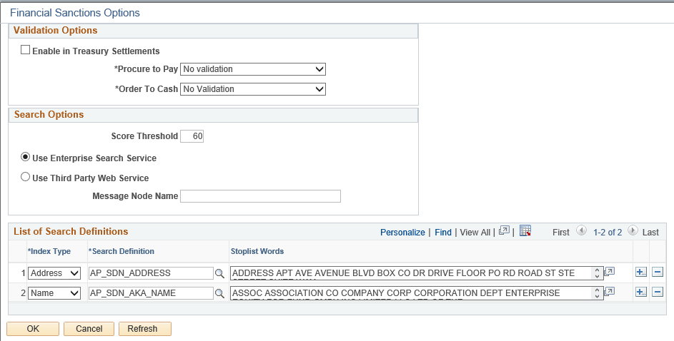 Financial Sanctions Options page