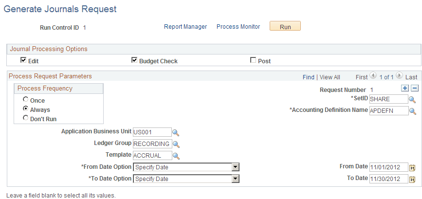 Generate Journals Request page
