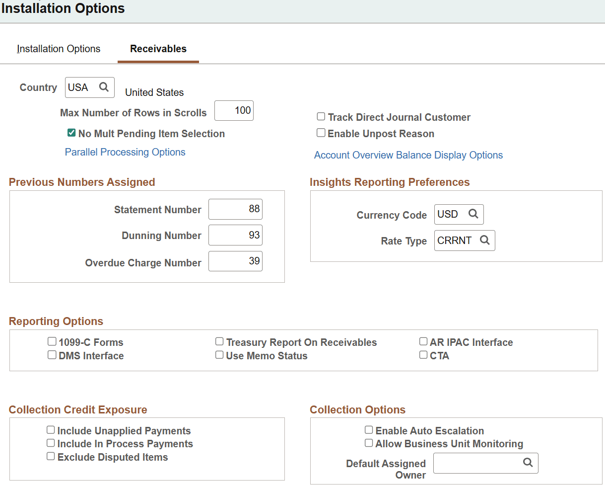 Installation Options - Receivables Page (1 of 2)