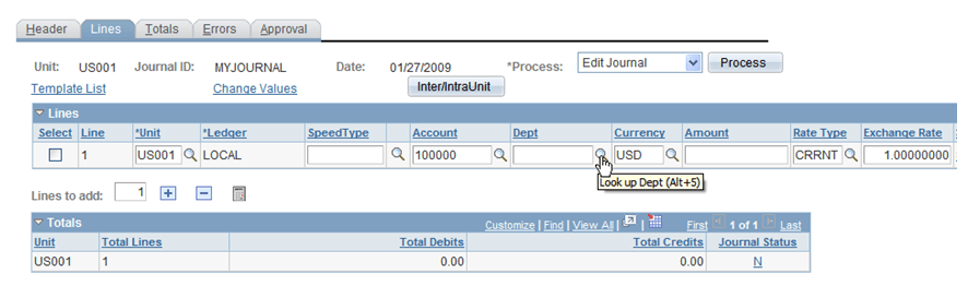 Journal Entry - Lines page: example of selecting prompt with only authorized values