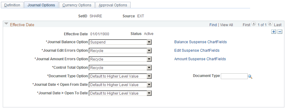 Journal Source - Journal Options page