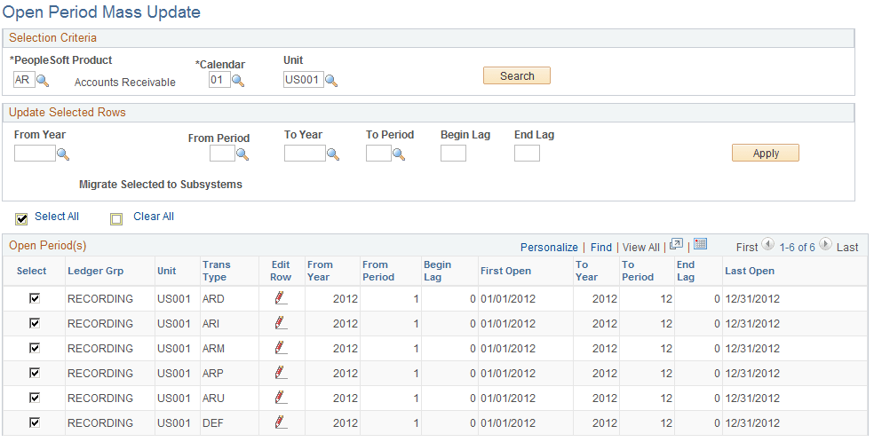 Open Periods Mass Update page for Receivables