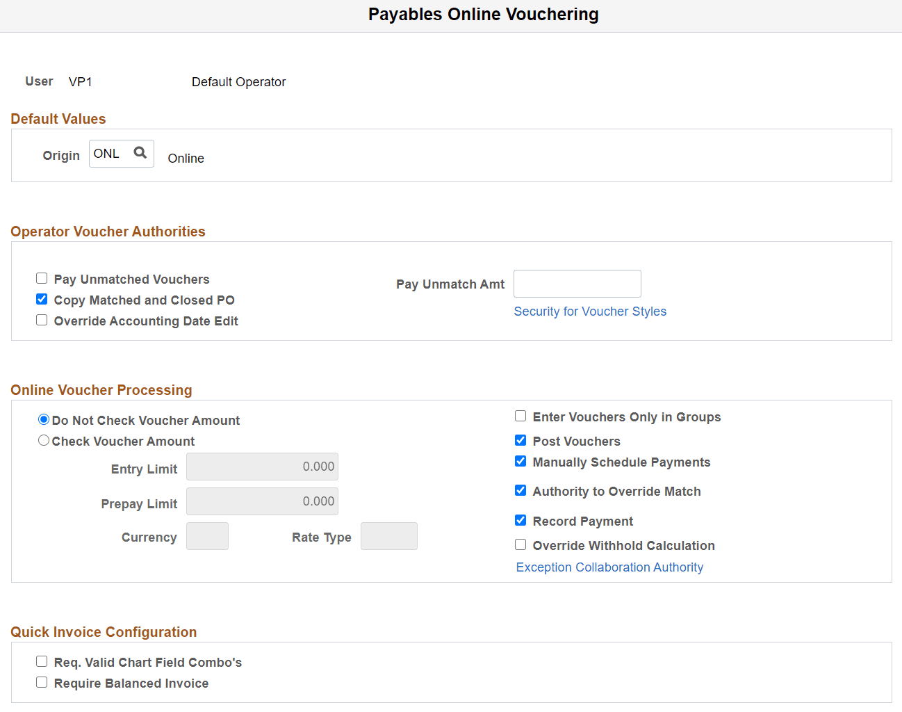 Procurement - Payables Online Vouchering page