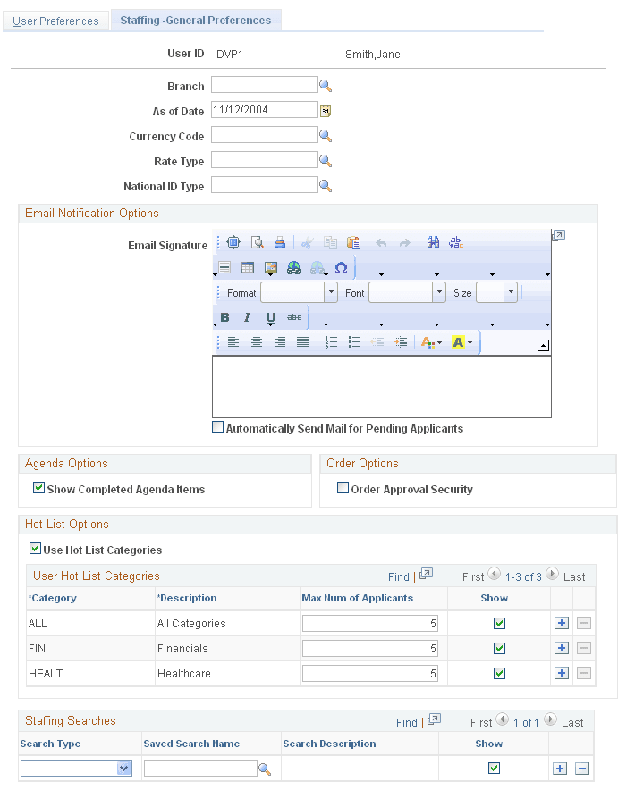 Staffing - General Preferences page