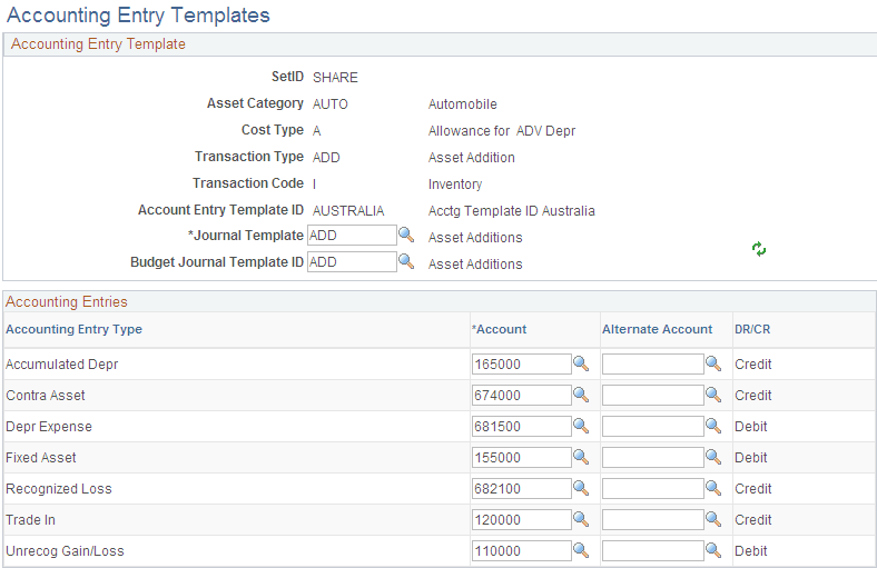 Accounting Entry Templates page