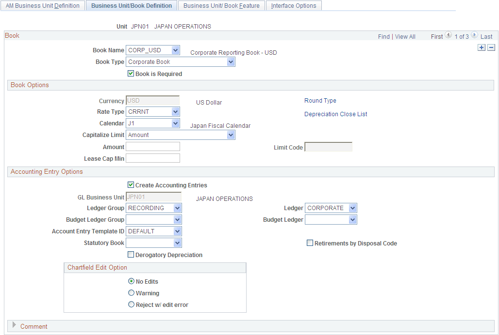 Business Unit/Book Definition page