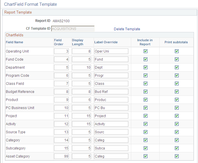 ChartField Format Template page