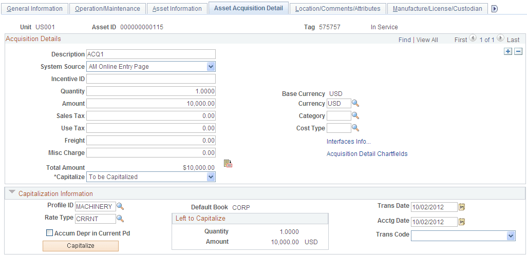 Asset Acquisition Detail page (1 of 6)