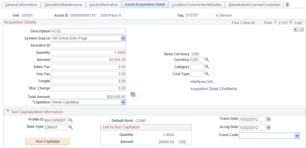 Asset Acquisition Detail page (3 of 6)