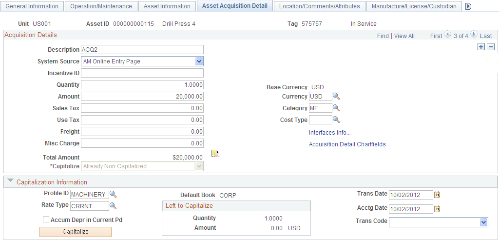 Asset Acquisition Detail page (4 of 6)