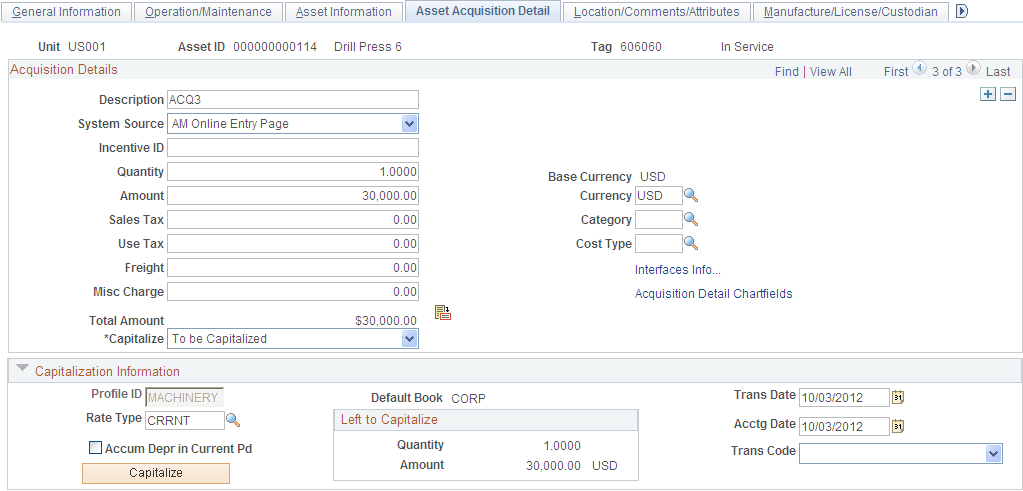 Asset Acquisition Detail page (5 of 6)