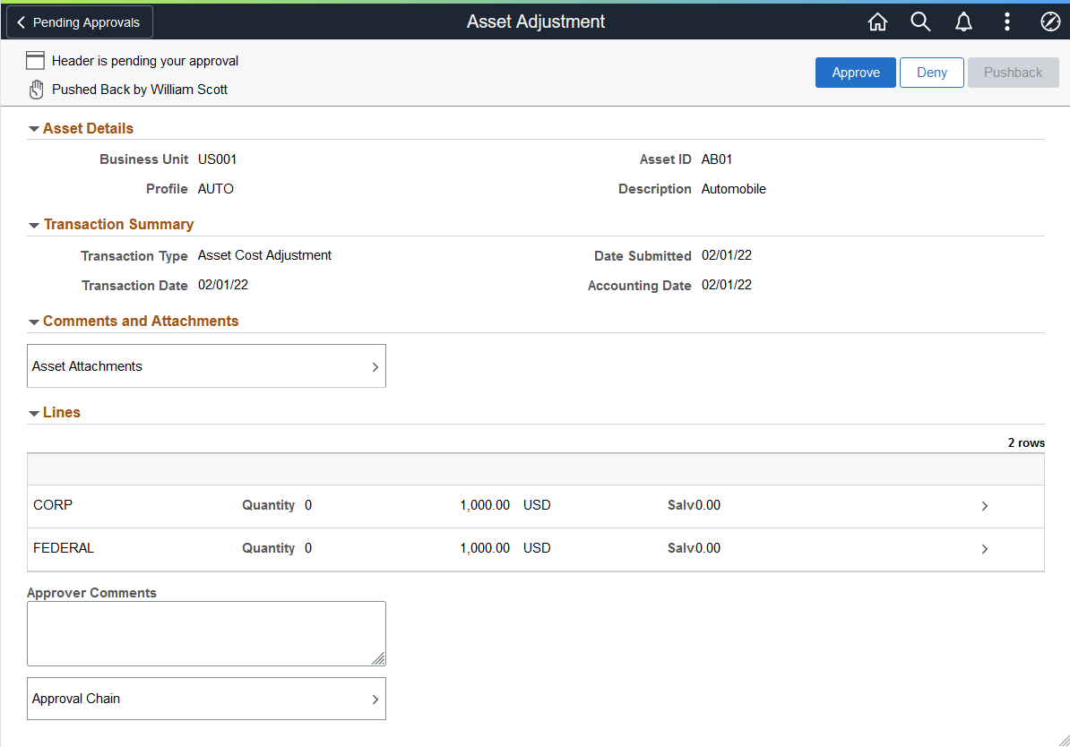 Asset Adjustment - Approval Header Detail page