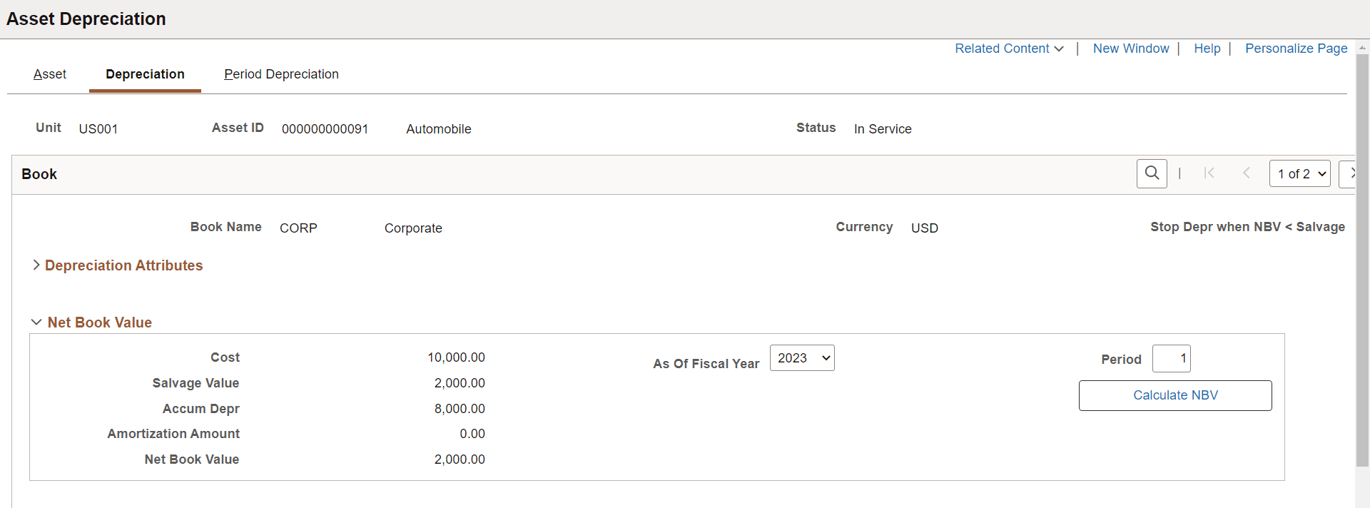 Asset Depreciation - Depreciation page (1 of 2)