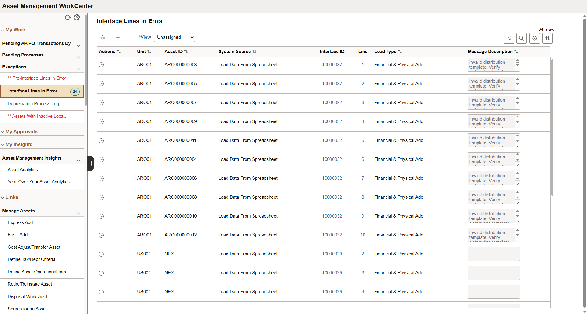 Asset Management WorkCenter - Interface Lines in Error (Work Management)