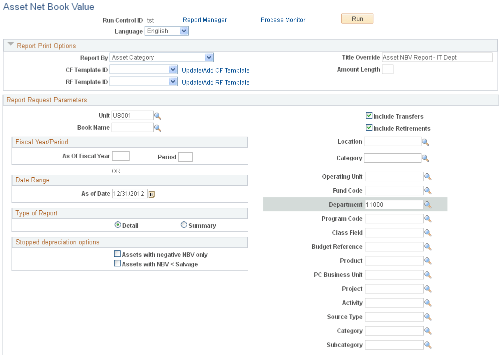 Asset Net Book Value page (Report Print Options)