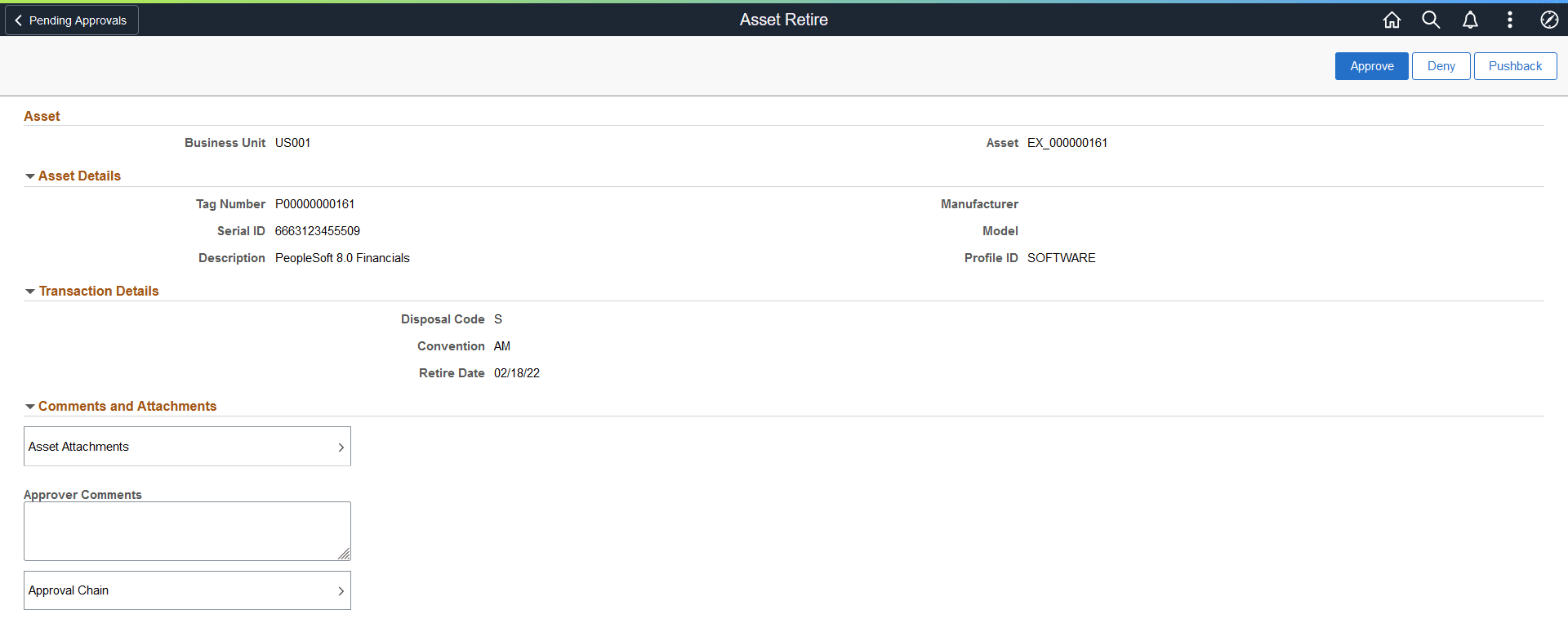 Asset Retire - Header Detail page