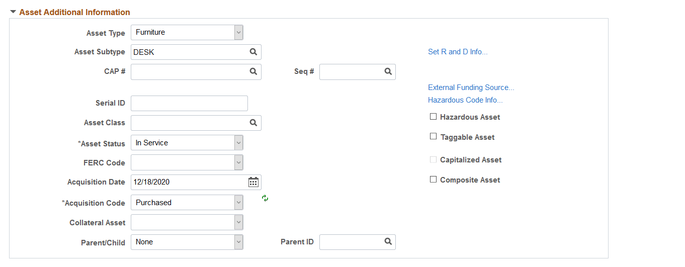 Cost/Asset Information page (2 of 2)