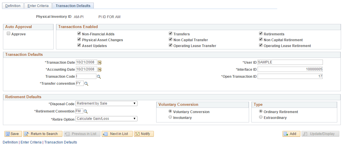 Define Inventory Occurrence - Transaction Defaults page
